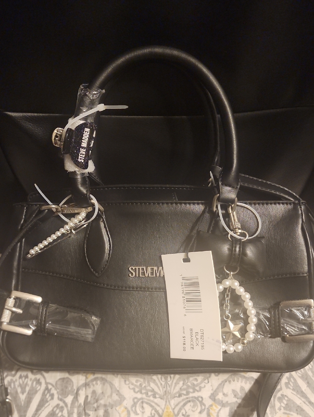 Steve Madden Black Satchel with Pearl Dangle and Bow Charm - Picture 7 of 9